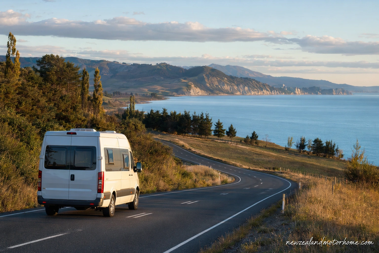 Campervan parked near the Hawke's Bay coast with vineyards and hills in the distance