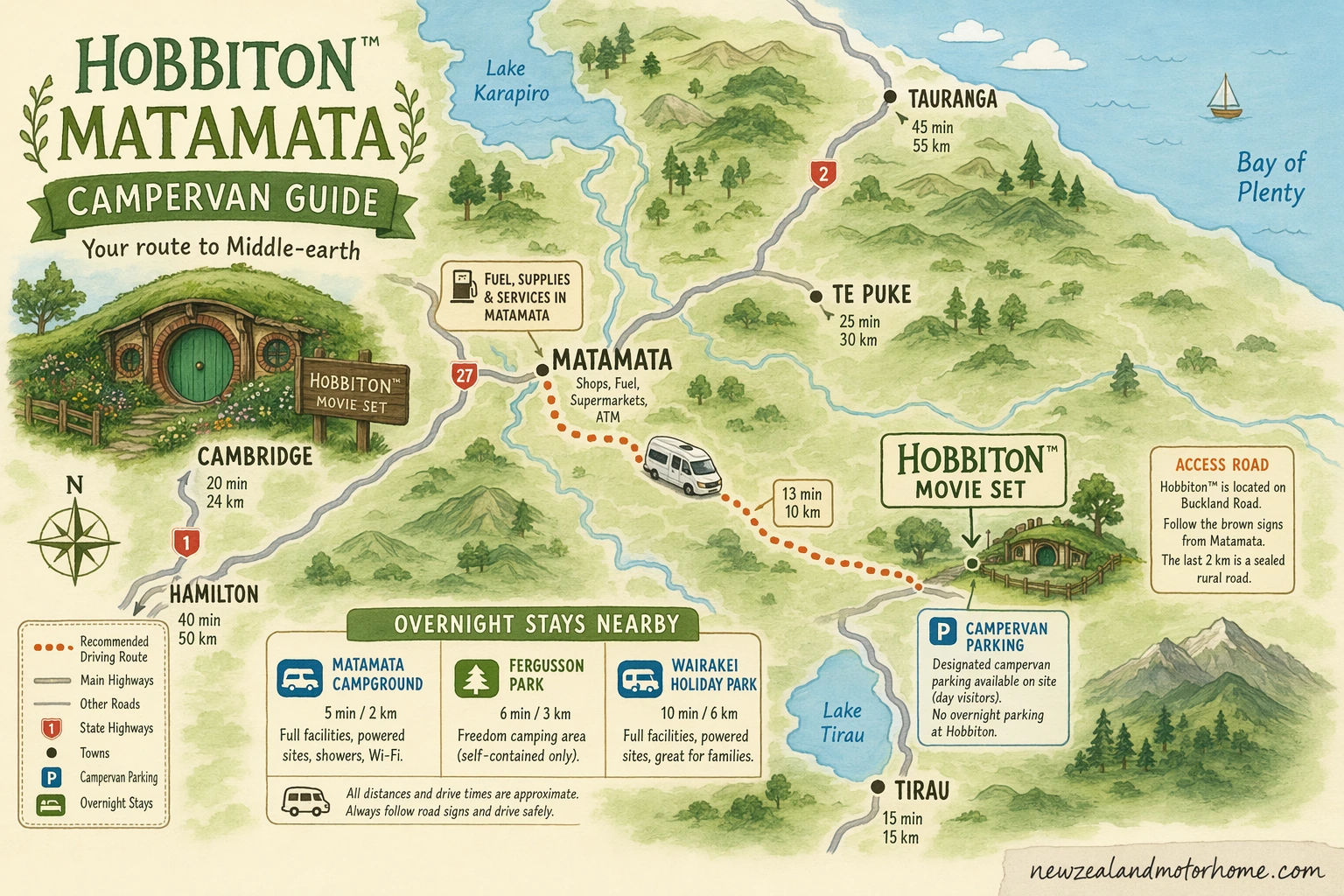 Illustrated campervan map — hobbiton matamata campervan guide