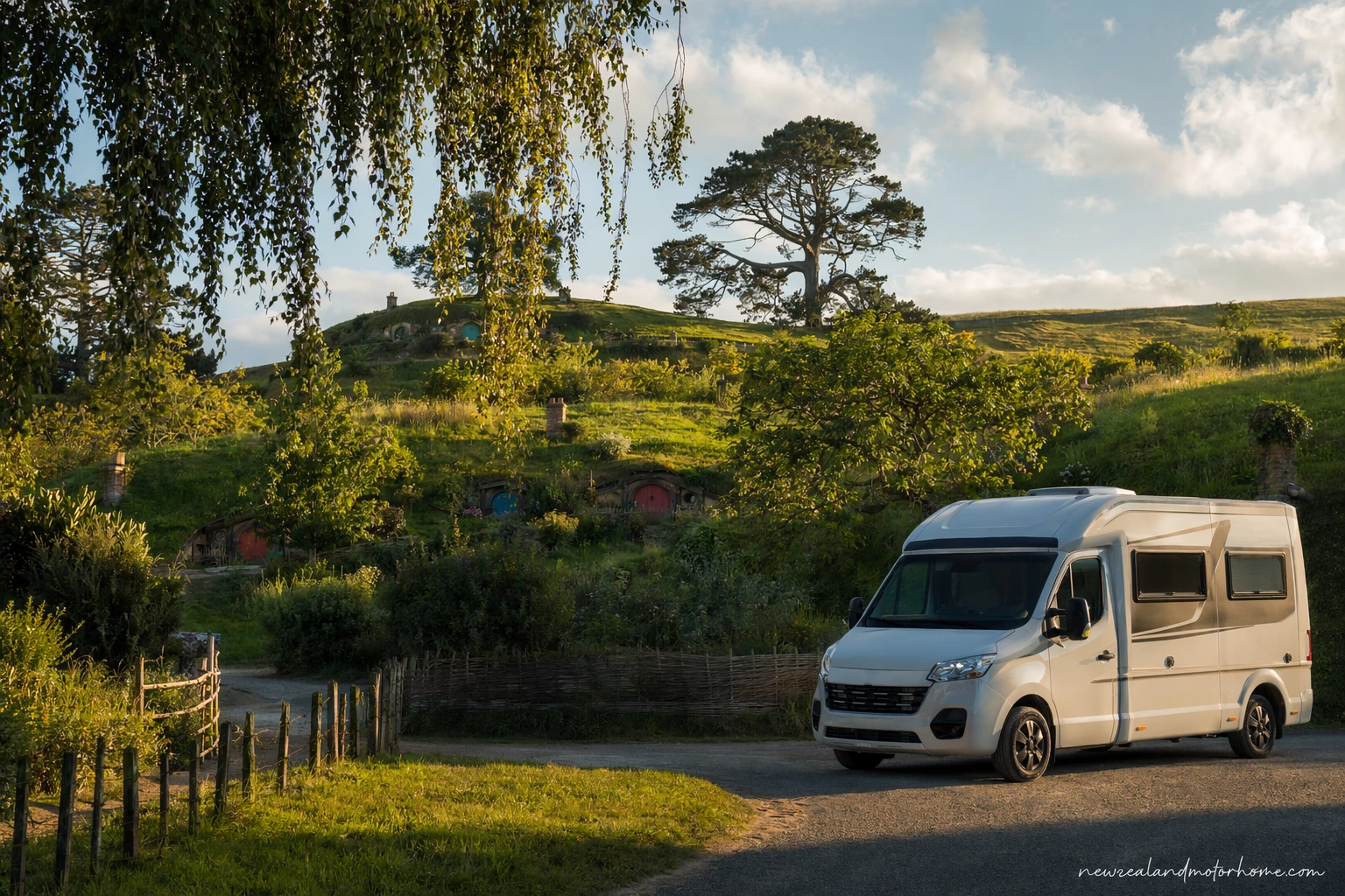 Campervan parked in rolling green countryside near Hobbiton Matamata