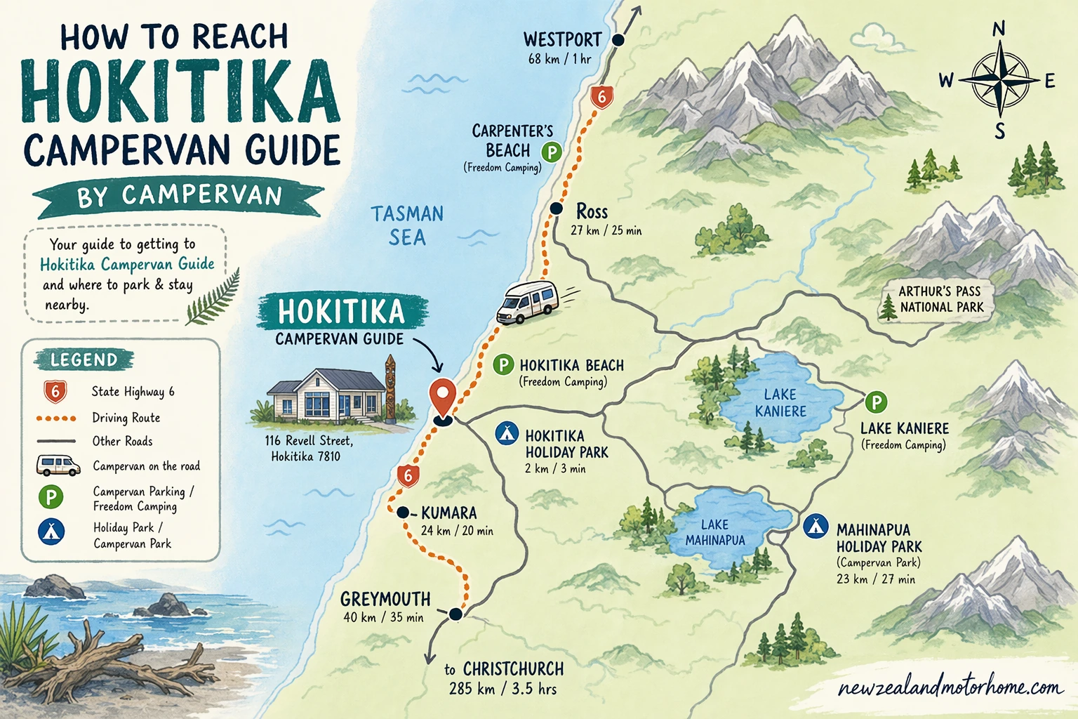 Illustrated campervan map — hokitika campervan guide
