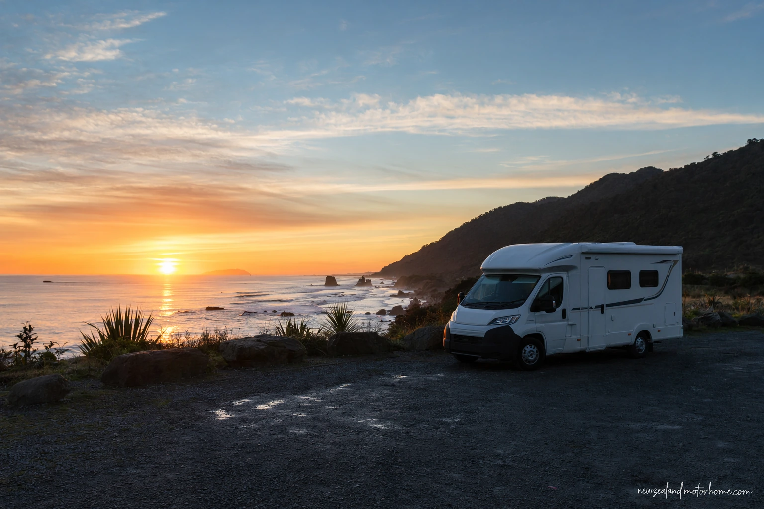Campervan parked near Hokitika beach on the West Coast with driftwood and sea beyond