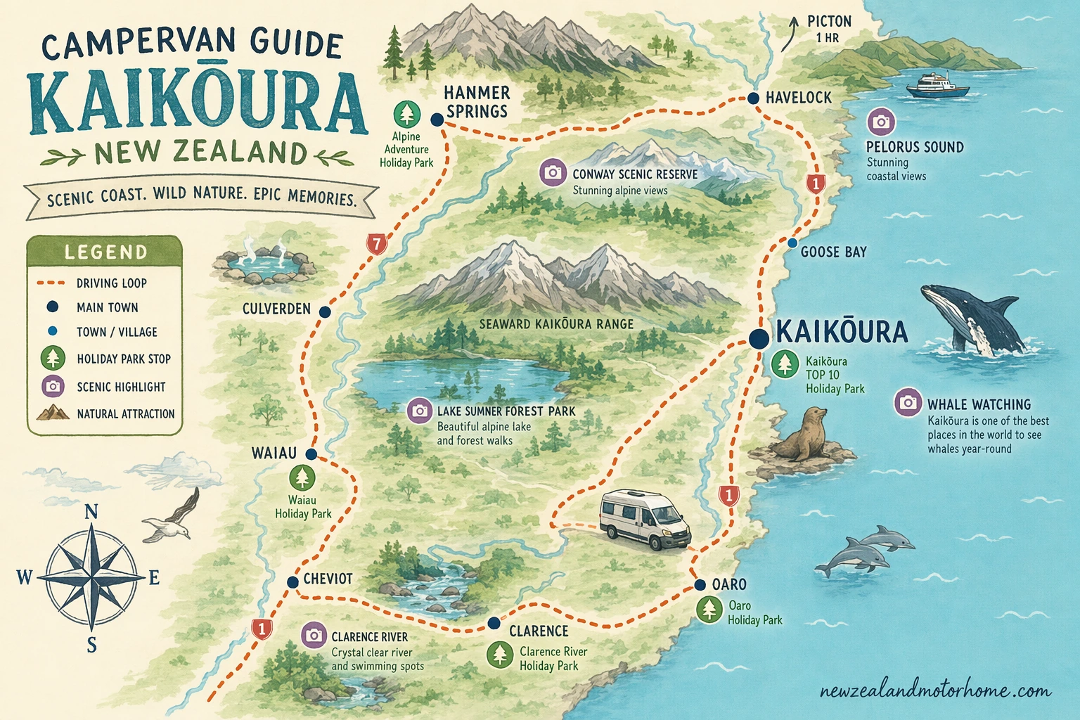 Illustrated campervan map — campervan guide kaikoura nz