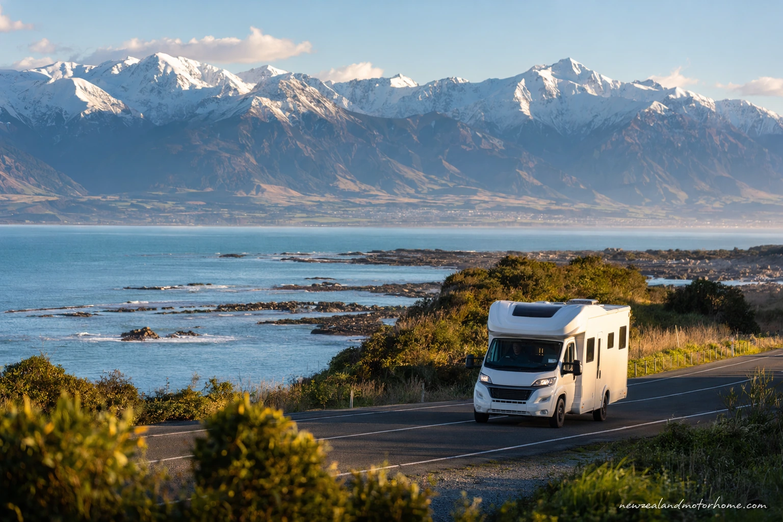 Campervan parked by the coast in Kaikōura with mountains behind