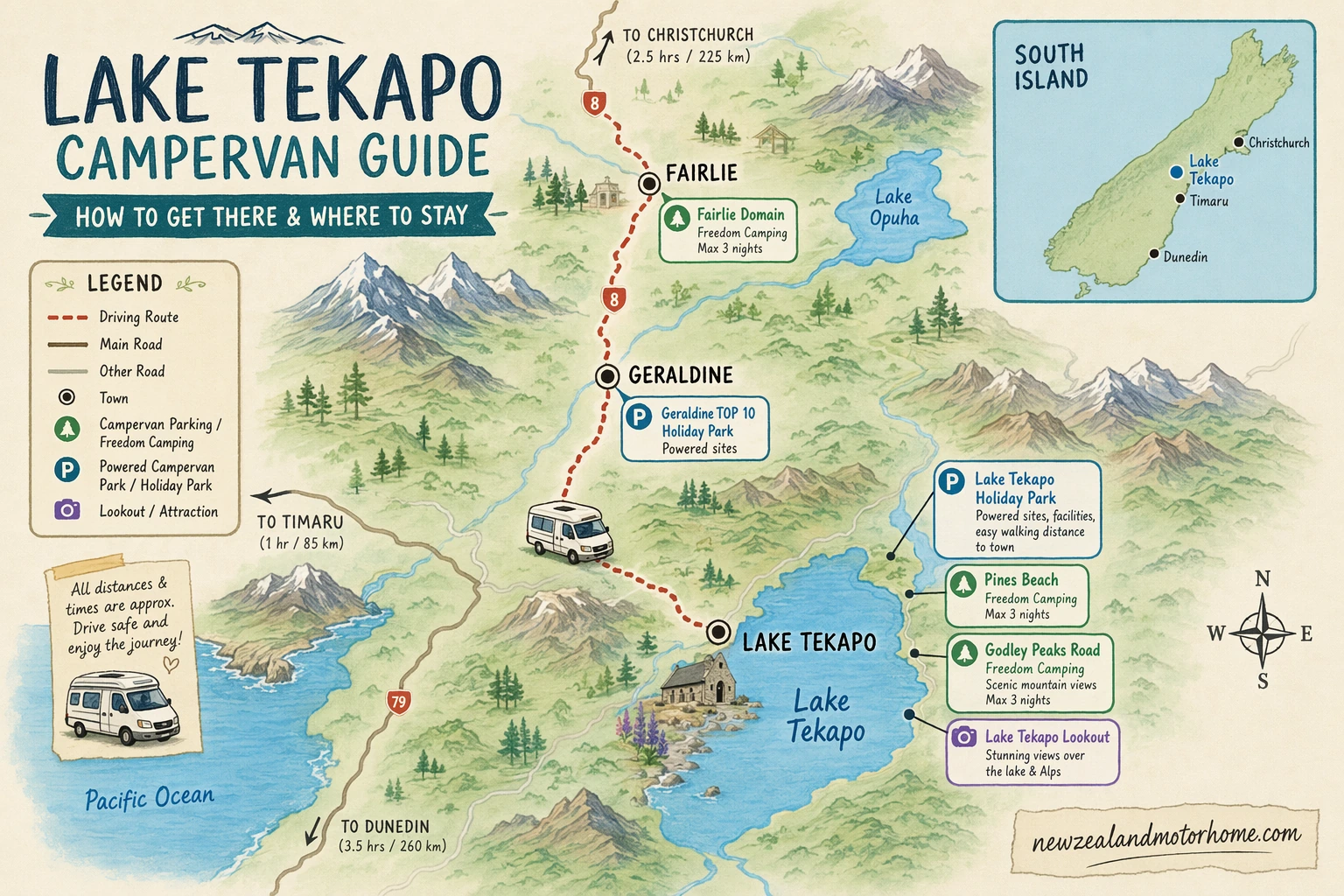 Illustrated campervan map — lake tekapo campervan guide