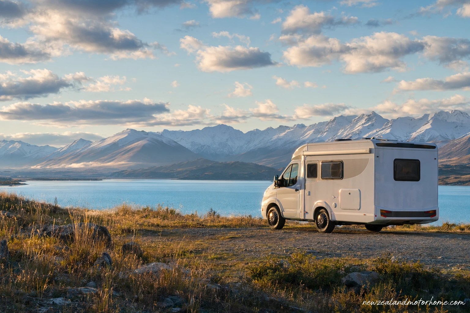 Campervan parked near Lake Tekapo with turquoise water and Mackenzie Basin mountains behind