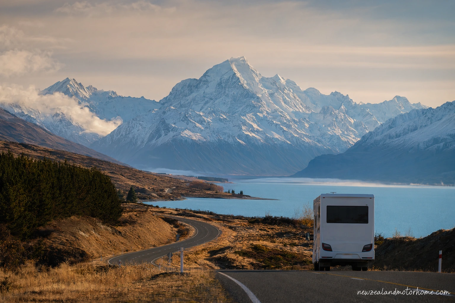 Campervan parked near Lake Pukaki in the Mackenzie with Aoraki Mount Cook and Southern Alps beyond