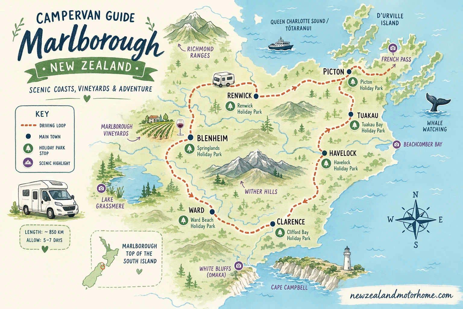 Illustrated campervan map — campervan guide marlborough nz