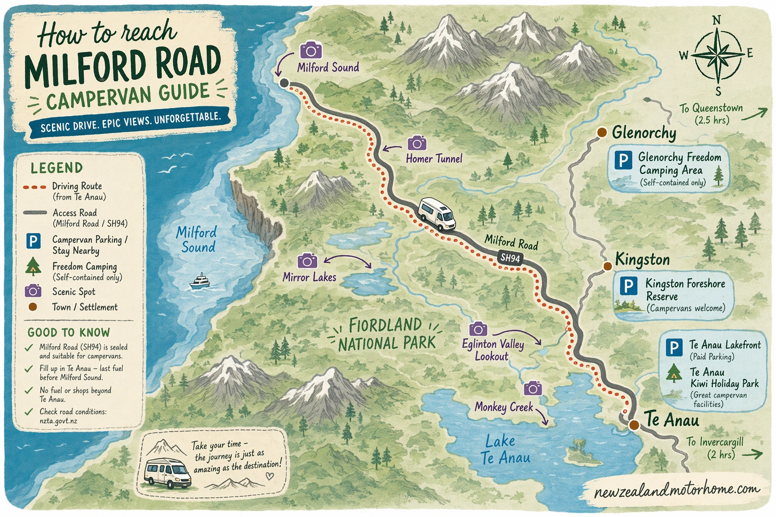 Illustrated campervan map — milford road campervan guide