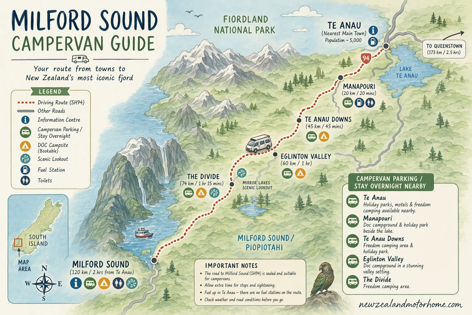 Illustrated campervan map — milford sound campervan guide