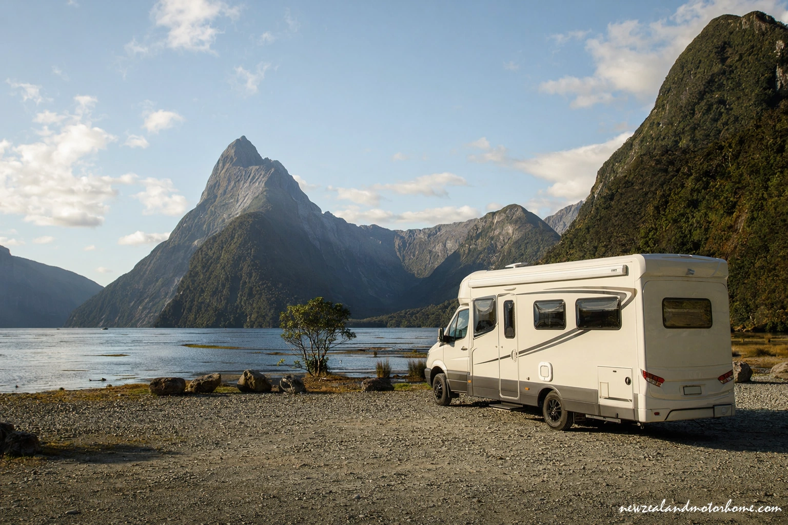 Campervan parked beside the road into Milford Sound with Fiordland mountains and mist in the background