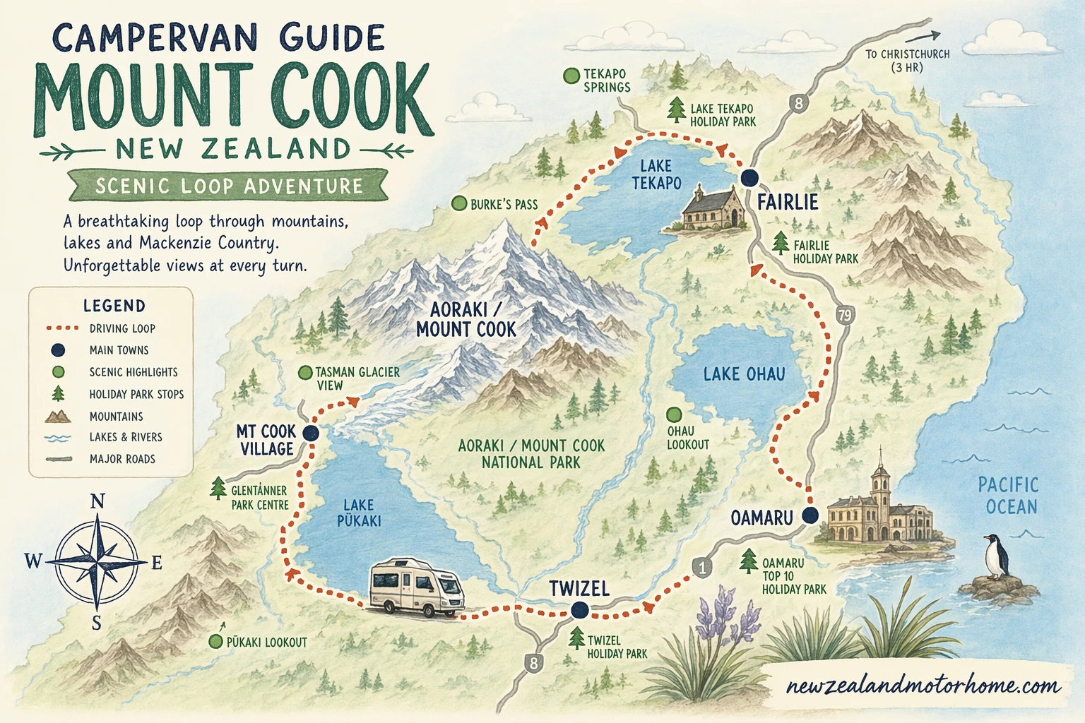 Illustrated campervan map — campervan guide mount cook nz