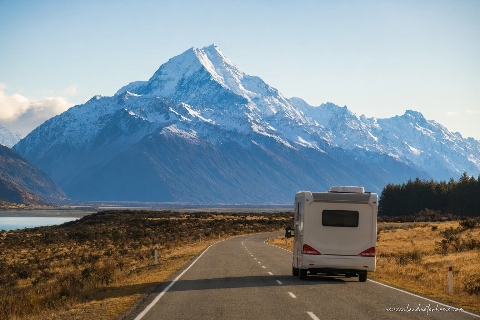 Campervan parked near Aoraki Mount Cook with Lake Pukaki and alpine peaks in the background