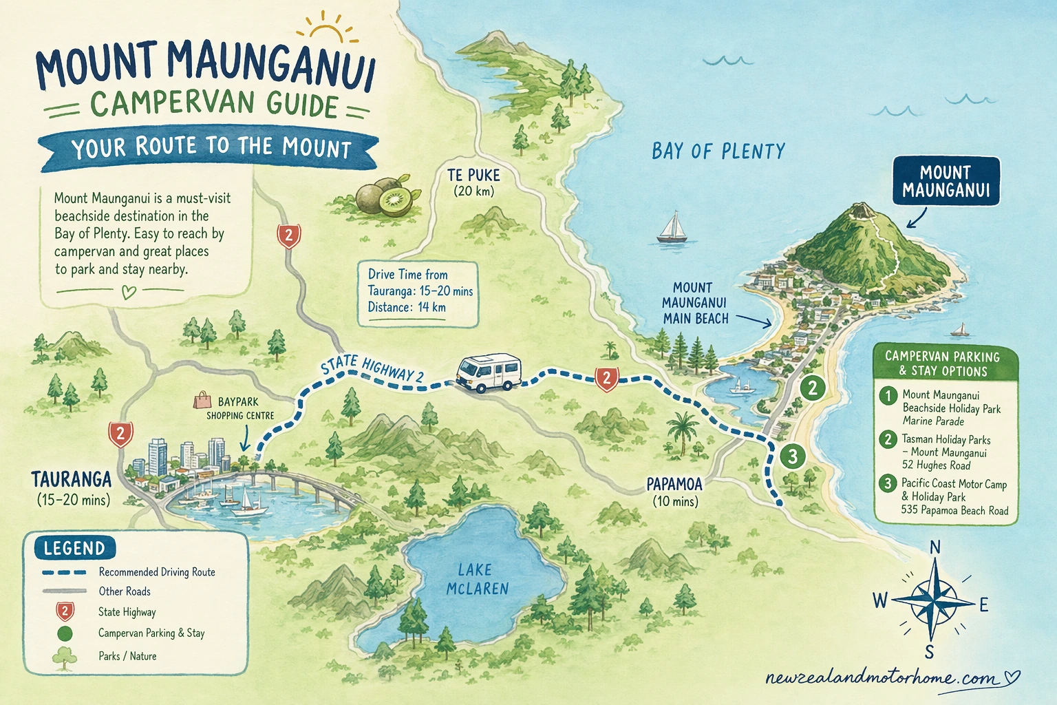 Illustrated campervan map — mount maunganui campervan guide