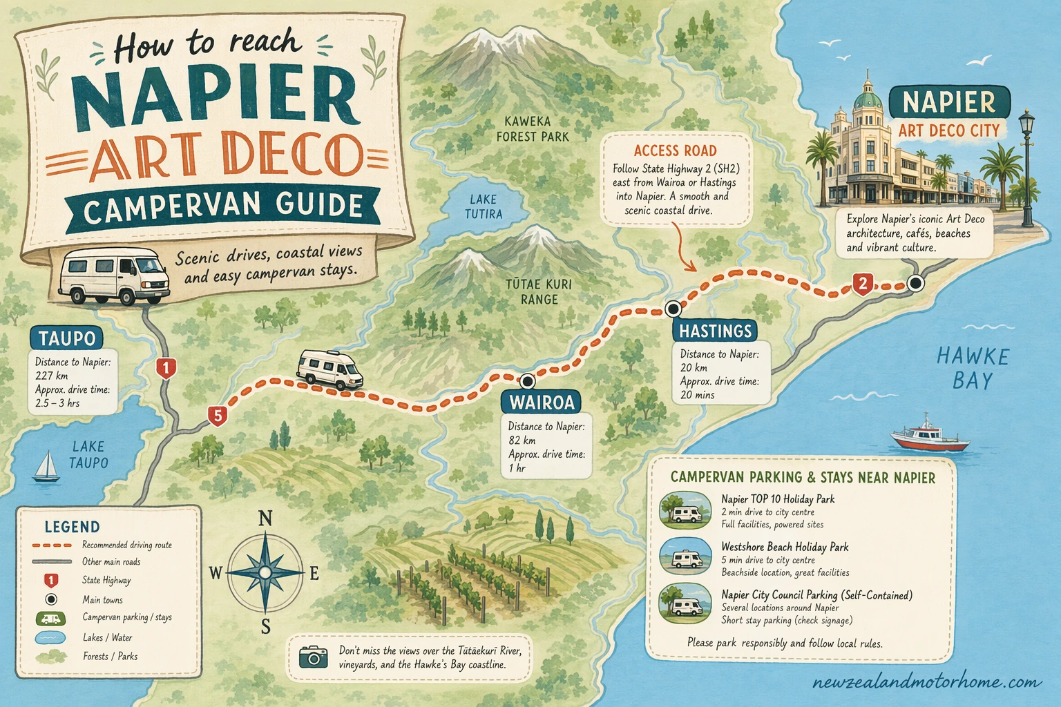 Illustrated campervan map — napier art deco campervan guide