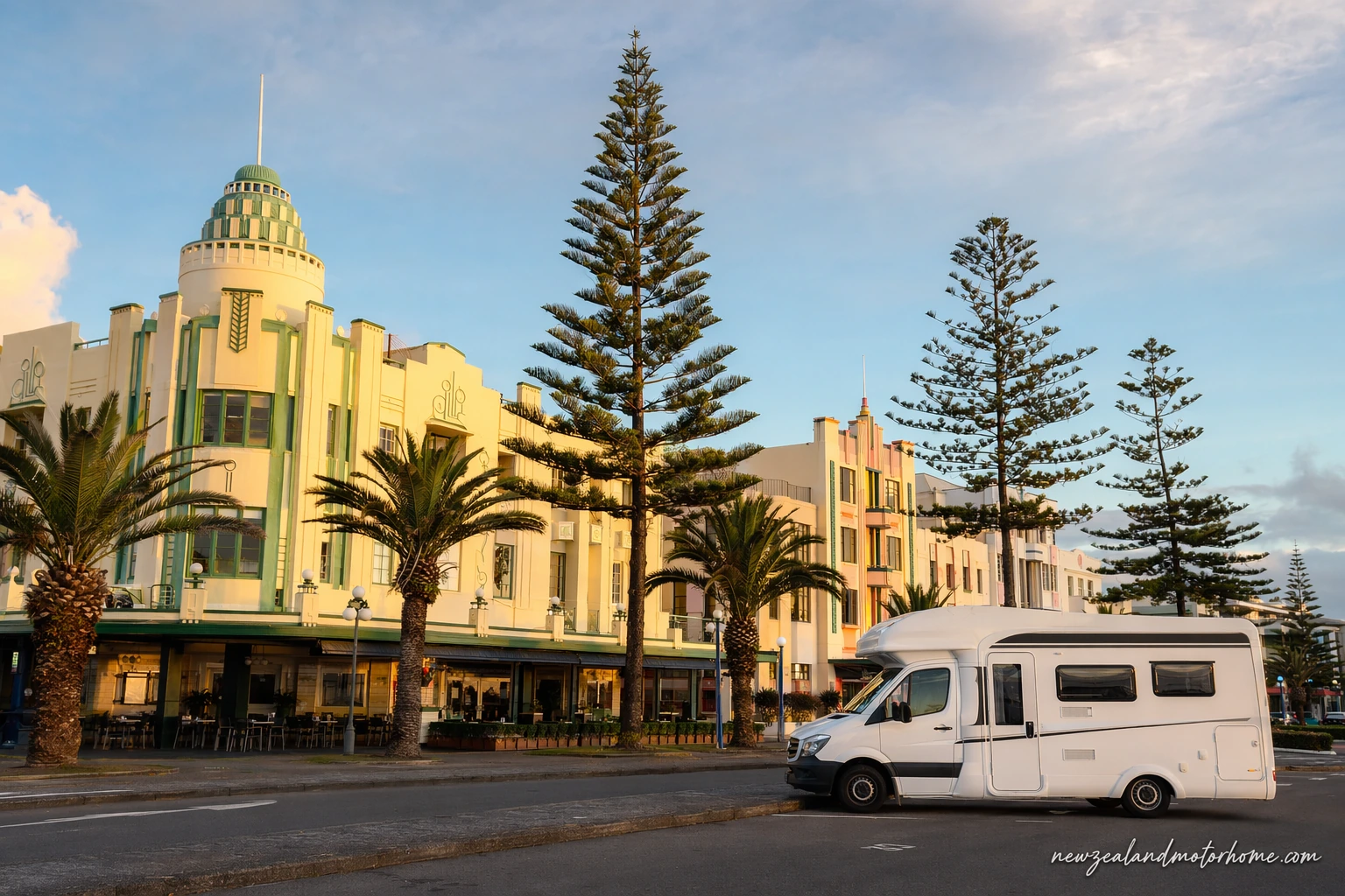 Campervan parked near Napier waterfront with Art Deco buildings in the city centre nearby