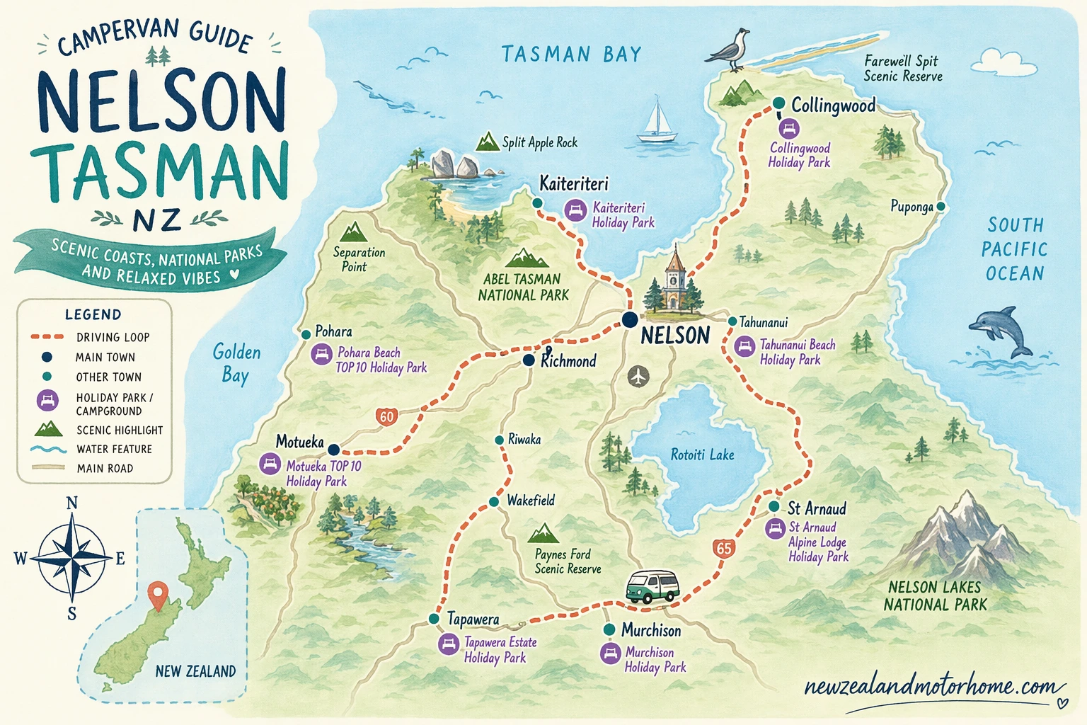 Illustrated campervan map — campervan guide nelson tasman nz