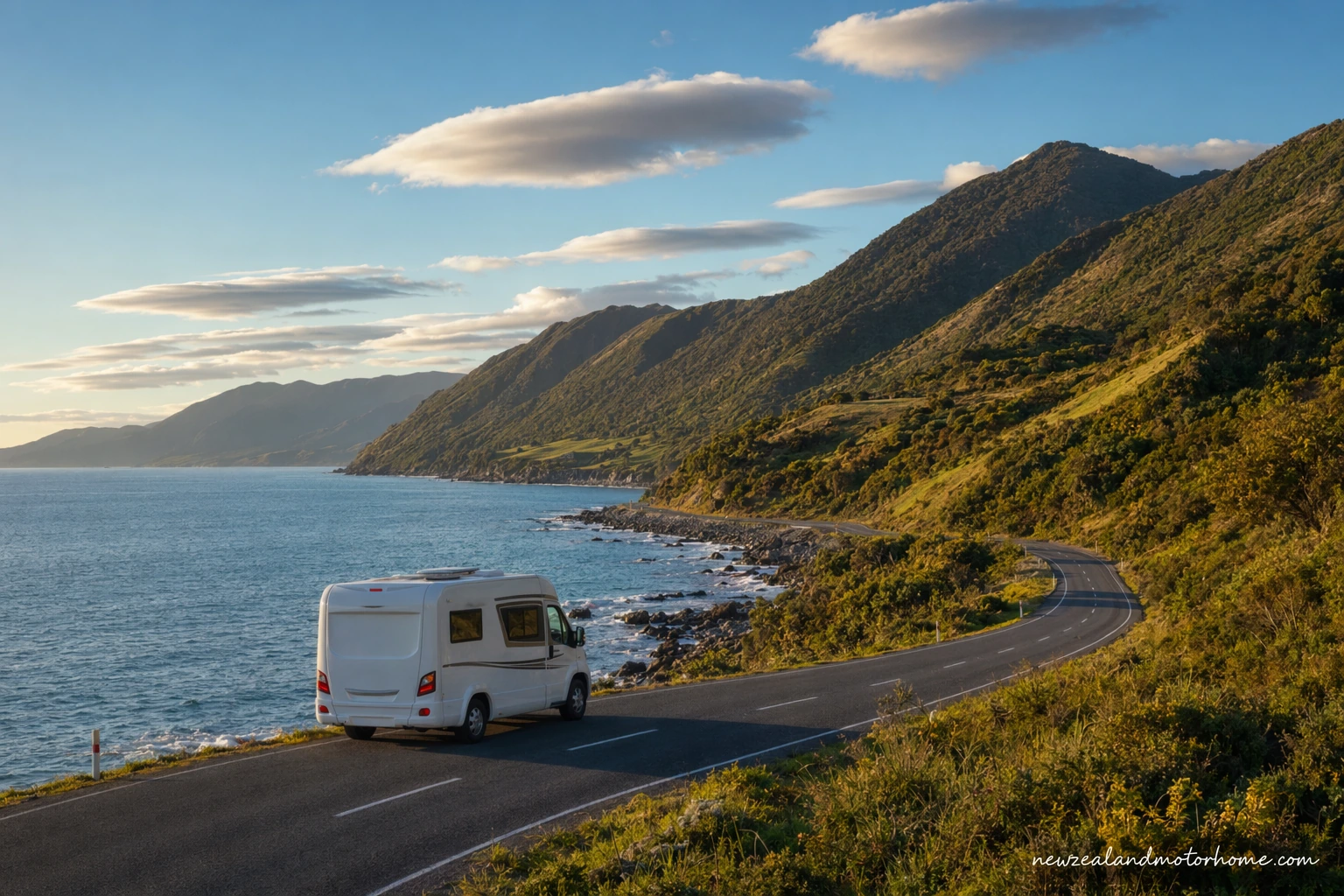 Campervan parked near a golden beach in Nelson Tasman with hills and blue water beyond