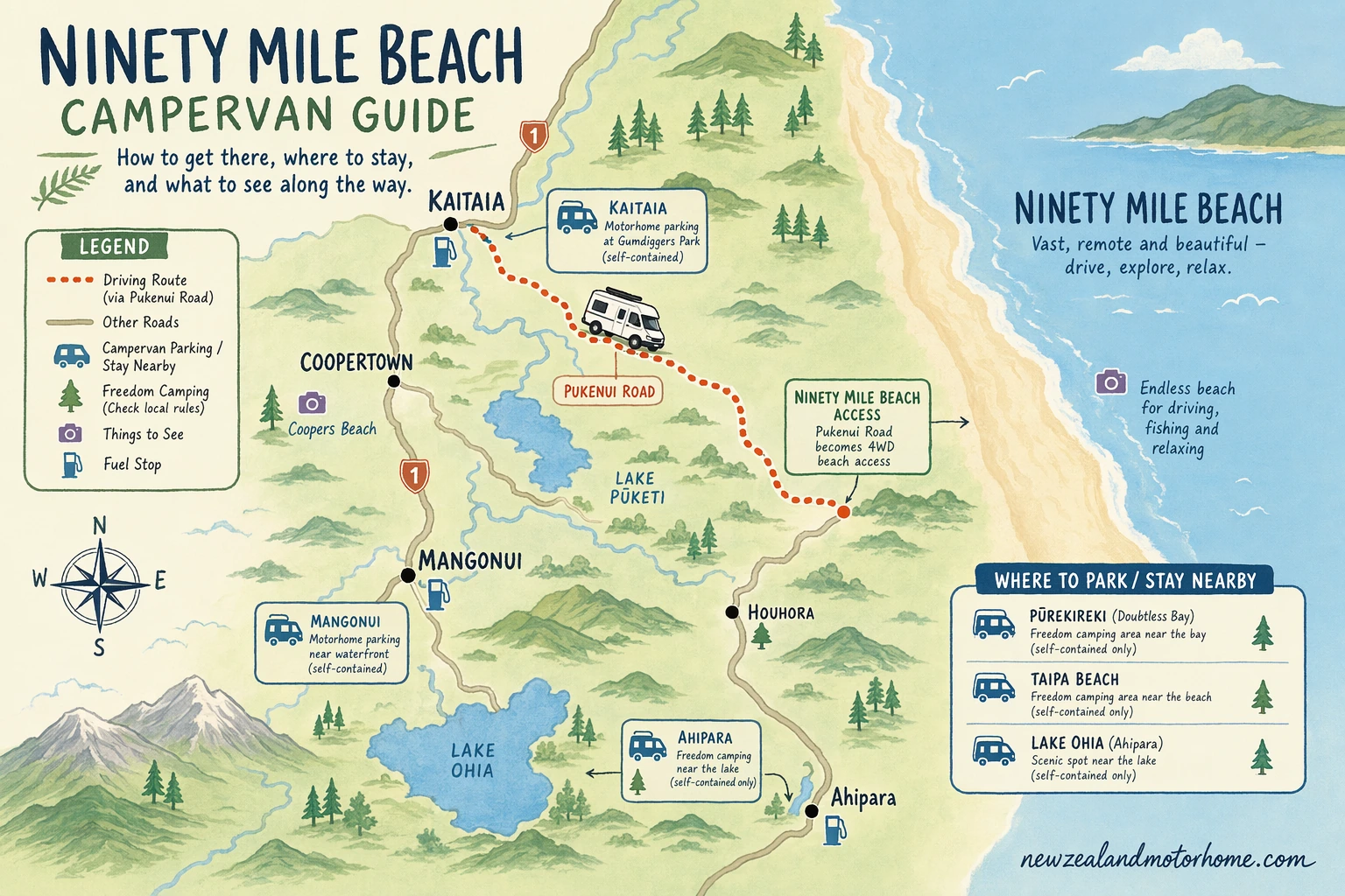 Illustrated campervan map — ninety mile beach campervan guide