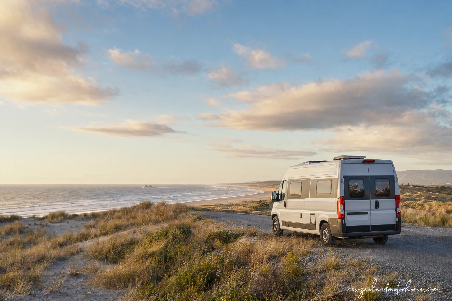 Campervan parked near the dunes and surf at Ninety Mile Beach in the Far North
