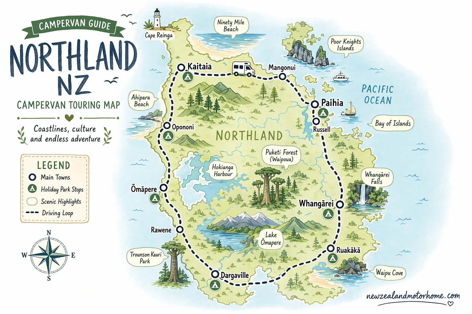 Illustrated campervan map — campervan guide northland nz