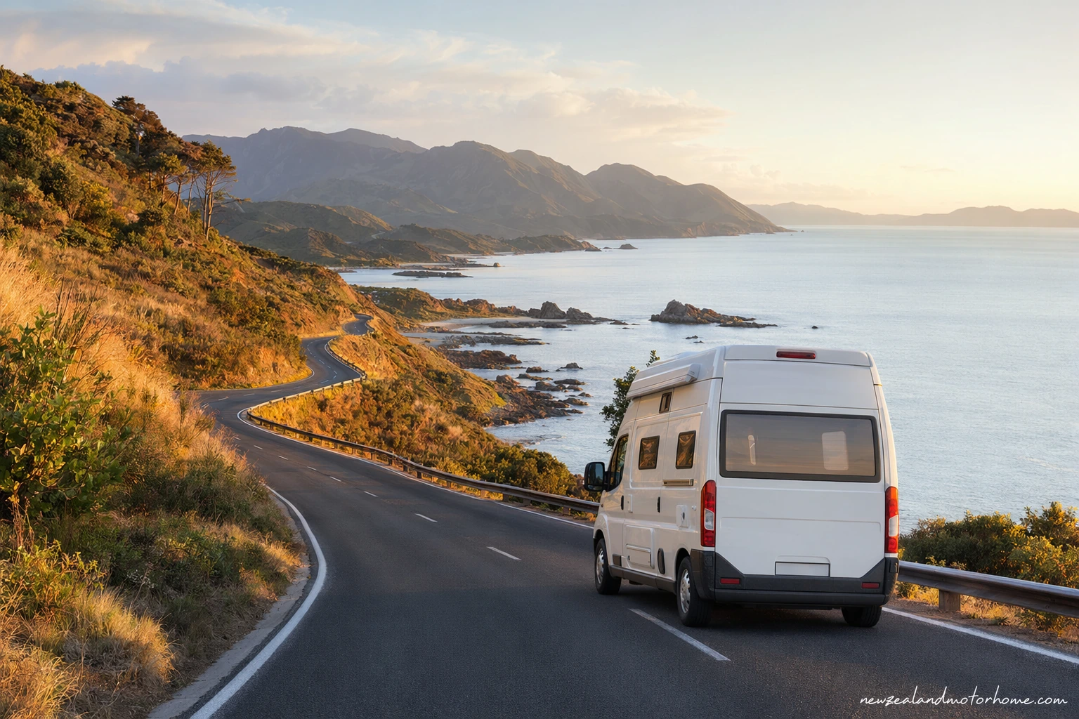 Campervan parked near a Northland harbour with coastal hills and calm water in the background
