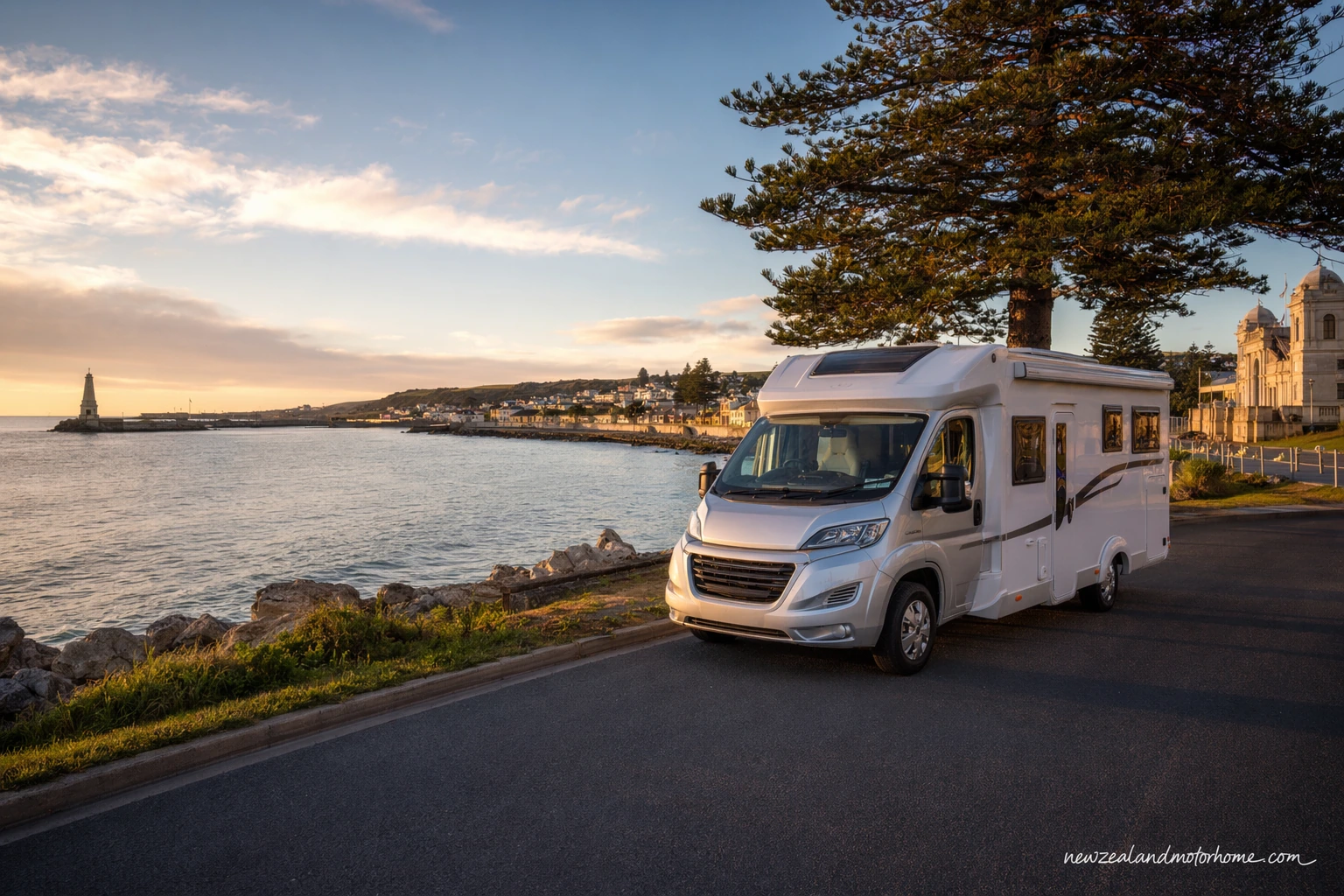 Campervan parked near the harbour in Oamaru with historic limestone buildings nearby