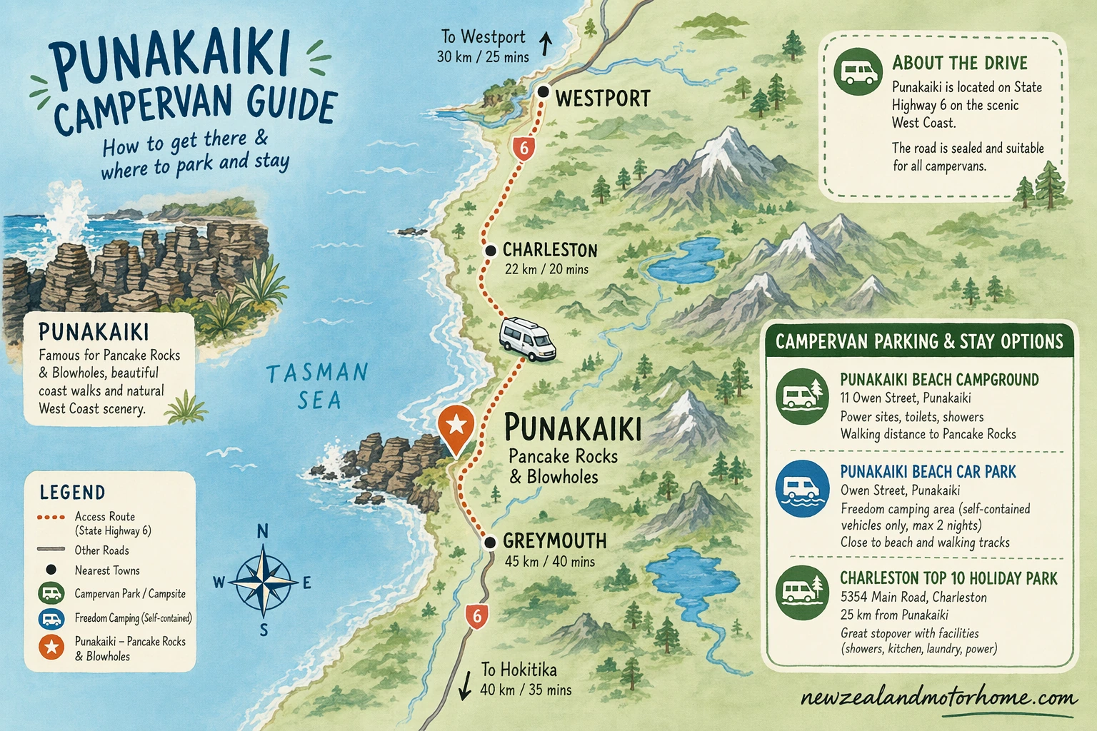 Illustrated campervan map — punakaiki campervan guide
