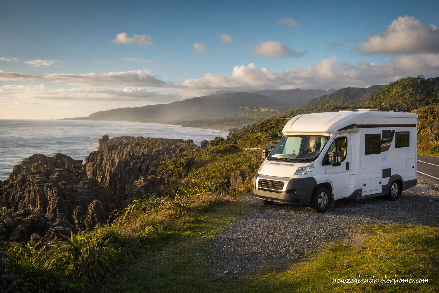 Campervan parked near Punakaiki with rainforest, coastal cliffs and the Pancake Rocks area nearby