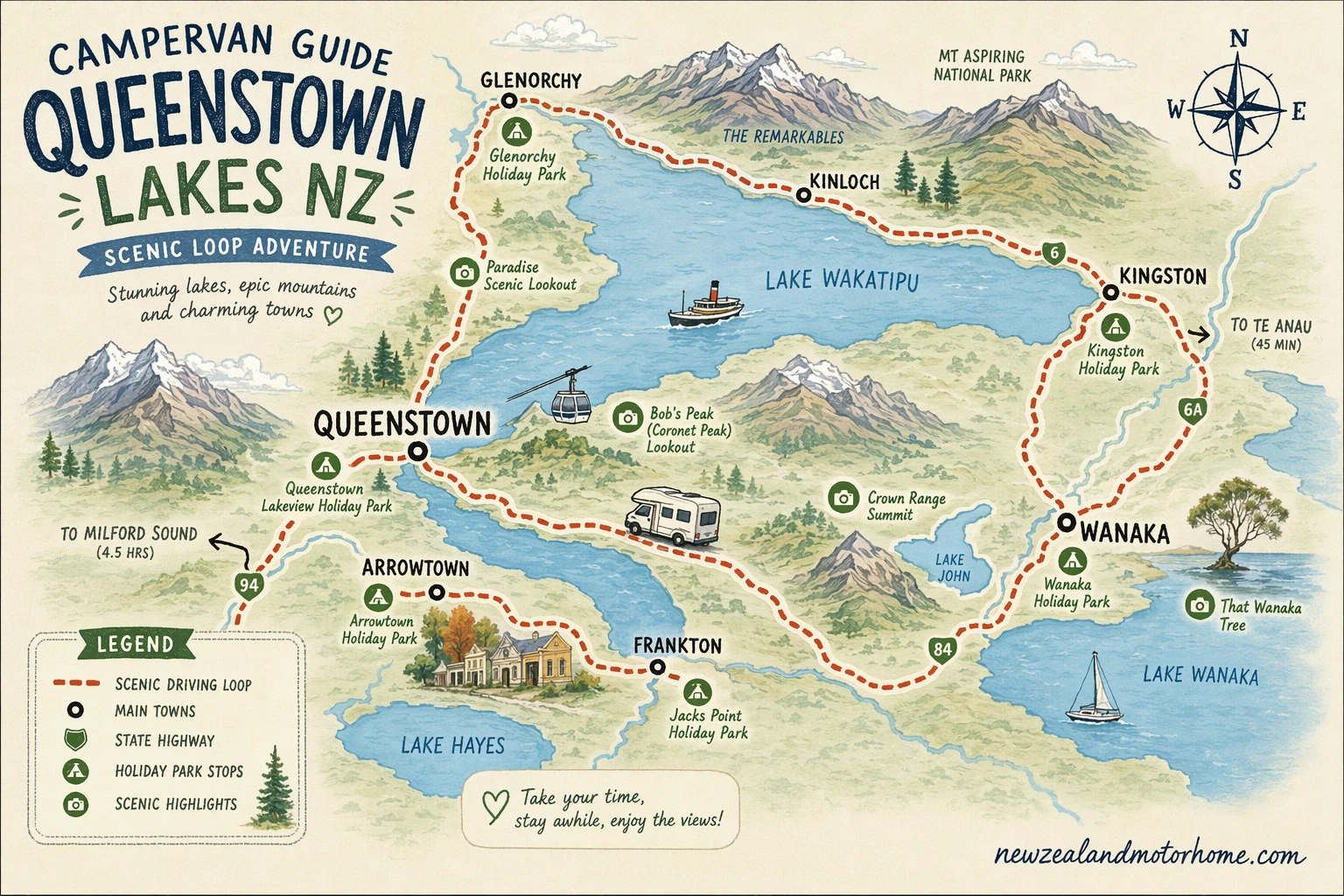 Illustrated campervan map — campervan guide queenstown lakes nz