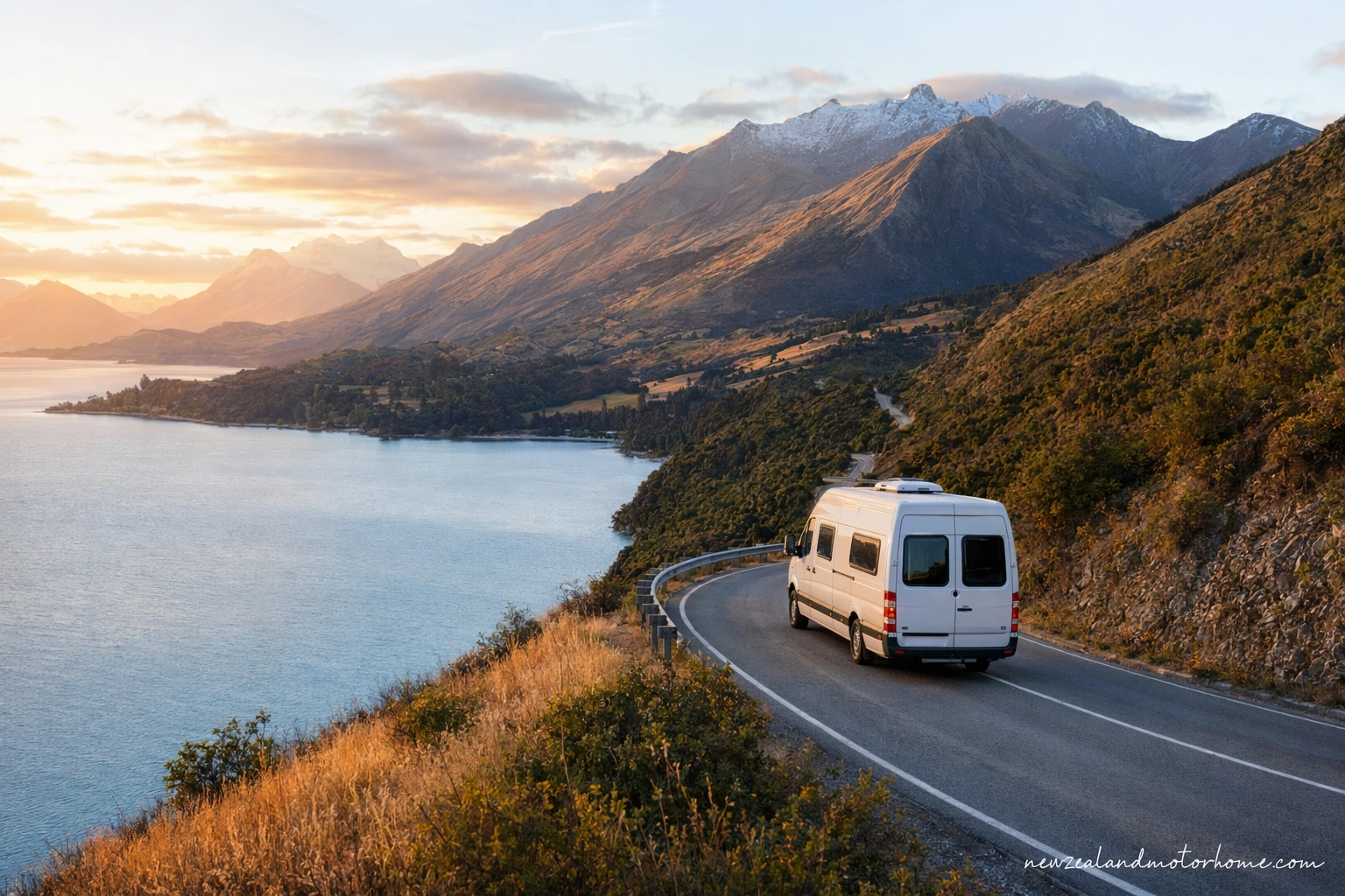 Campervan parked beside Lake Wānaka in the Queenstown Lakes region with mountains in the background