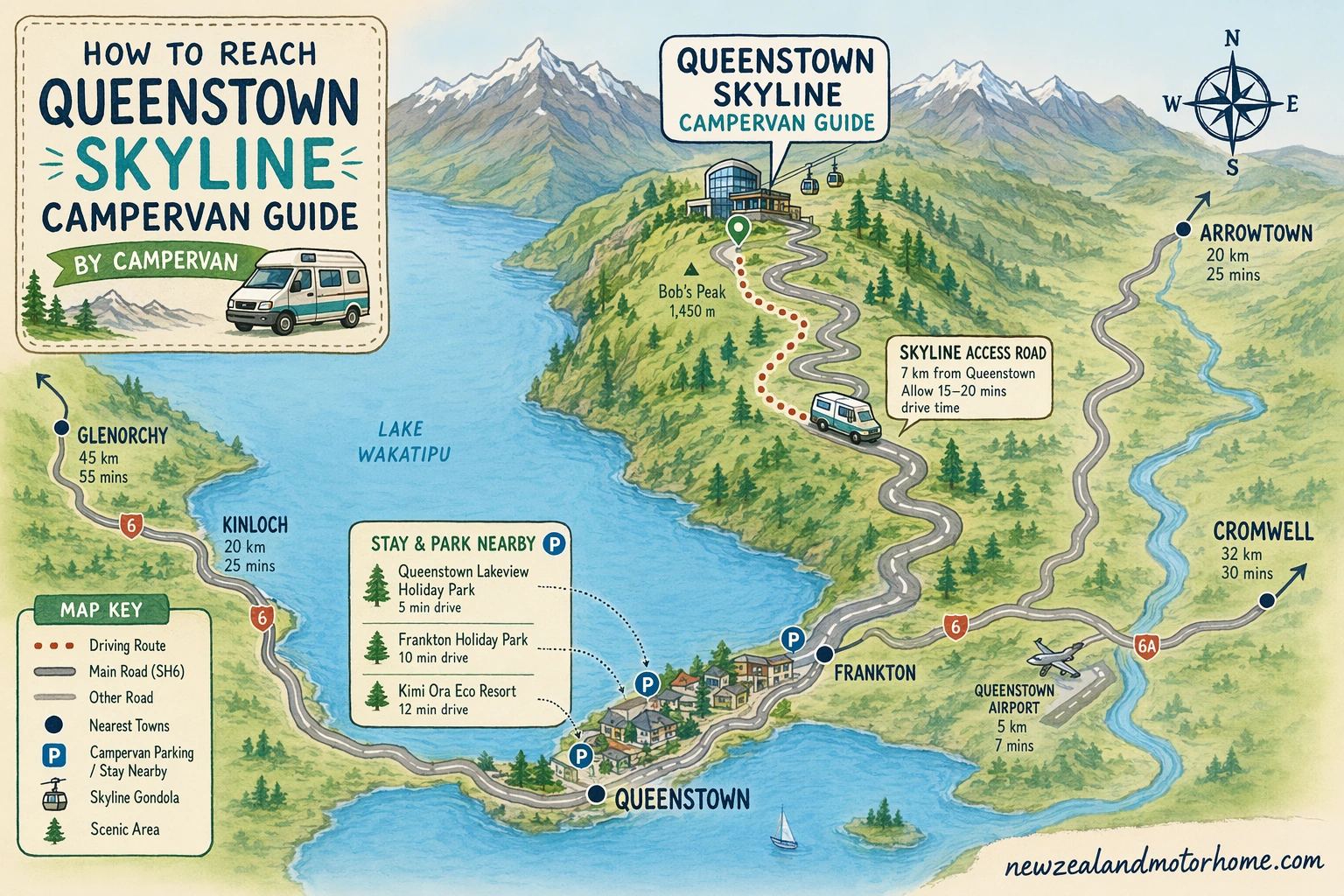 Illustrated campervan map — queenstown skyline campervan guide