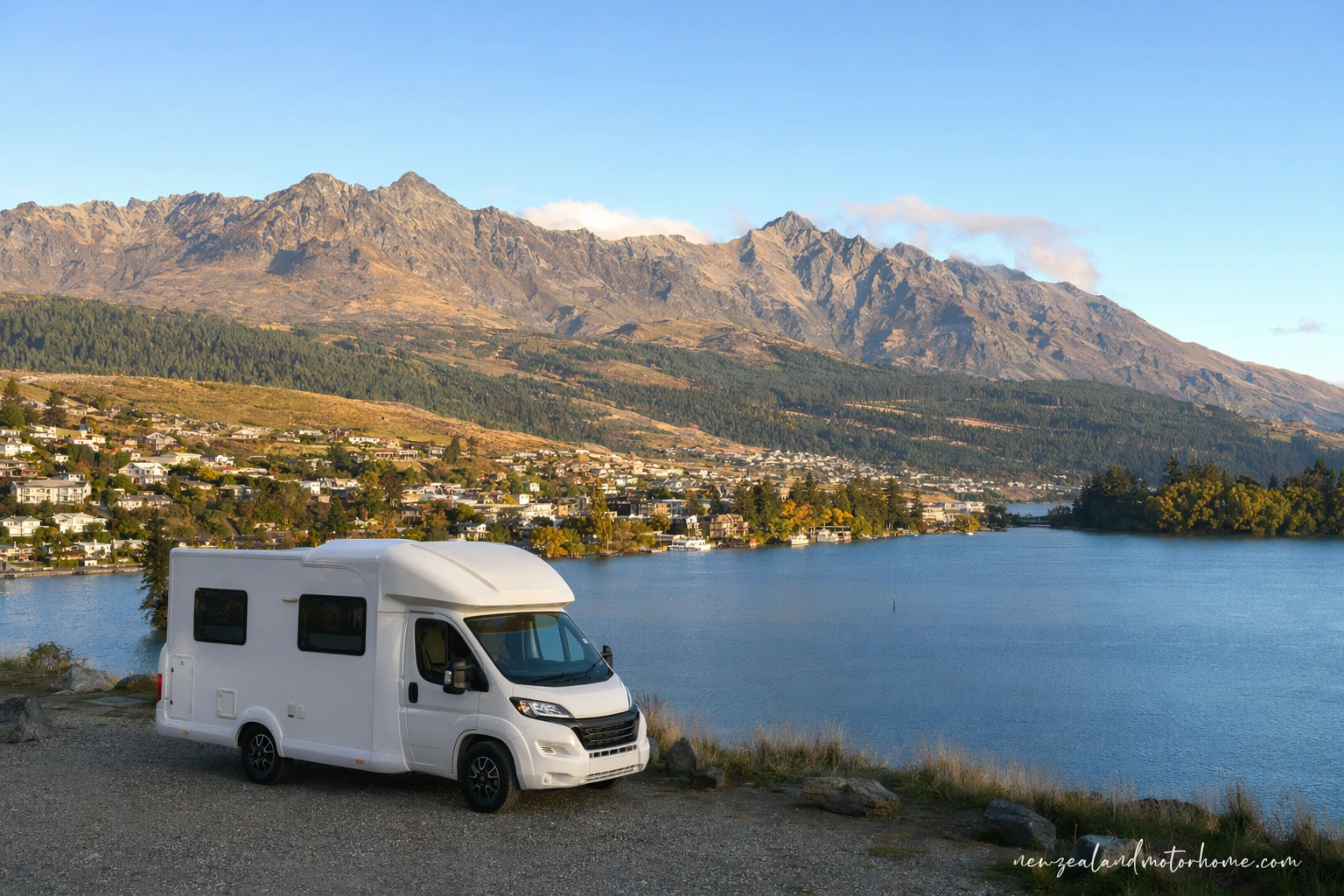 Campervan parked above Queenstown with the Skyline gondola and Lake Wakatipu in view