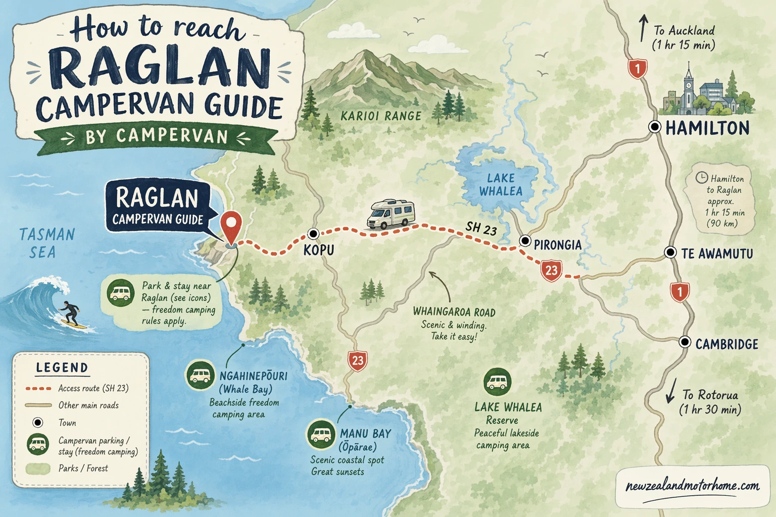 Illustrated campervan map — raglan campervan guide