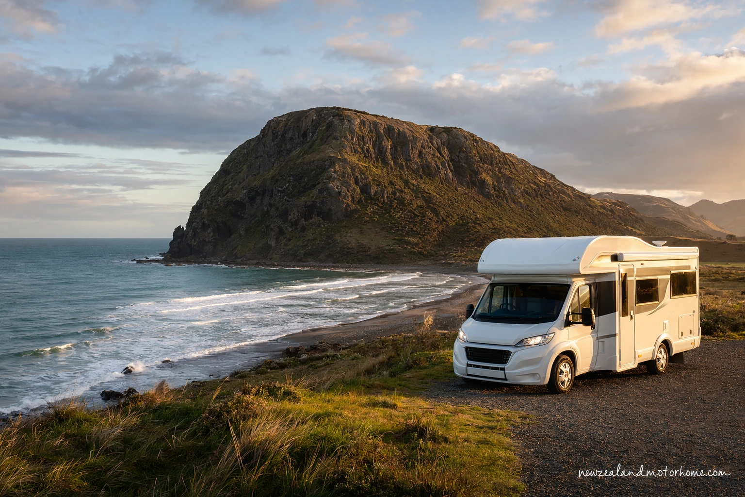 Campervan parked near the harbour in Raglan with surf beaches and west coast hills nearby
