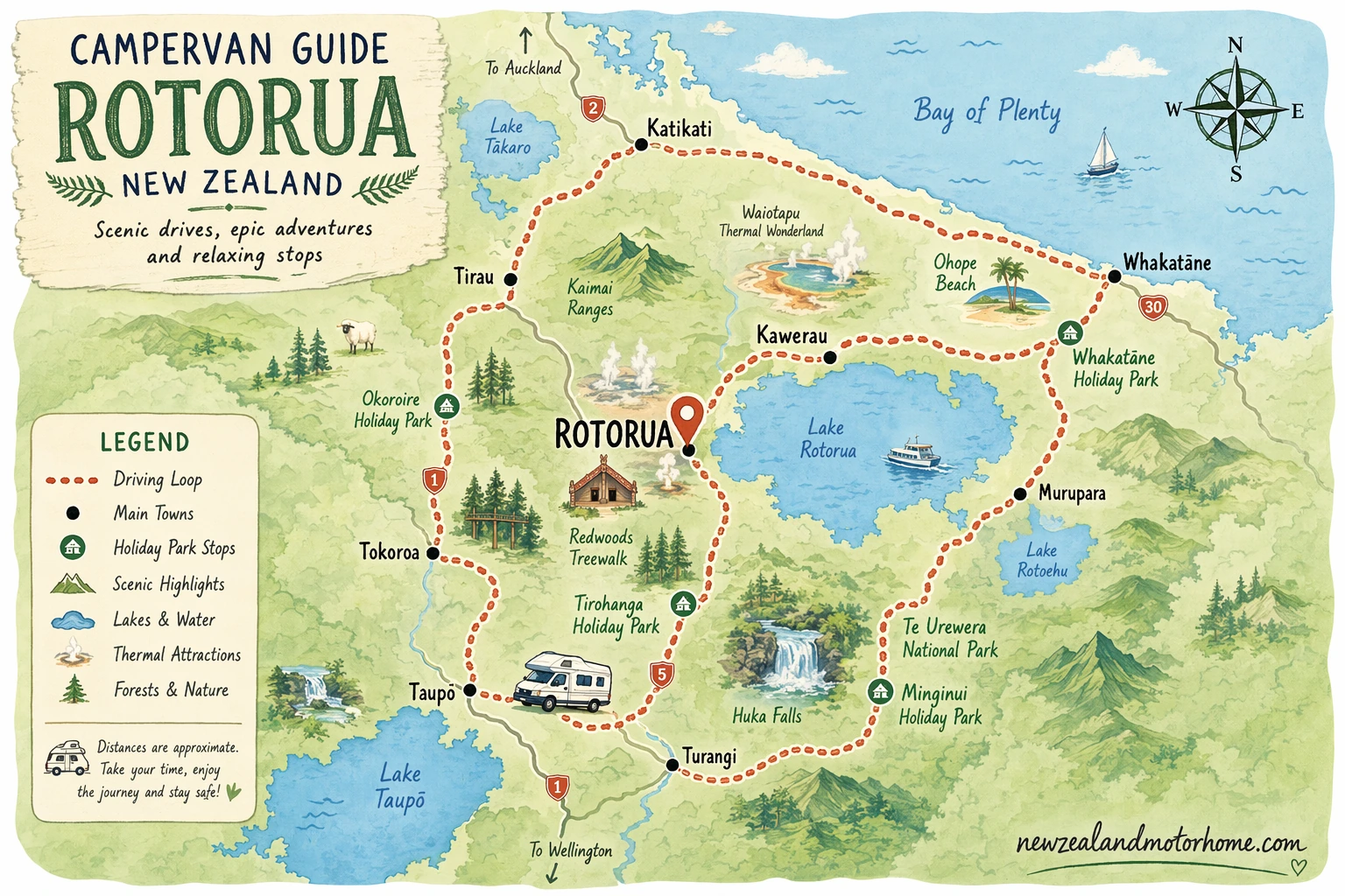 Illustrated campervan map — campervan guide rotorua nz