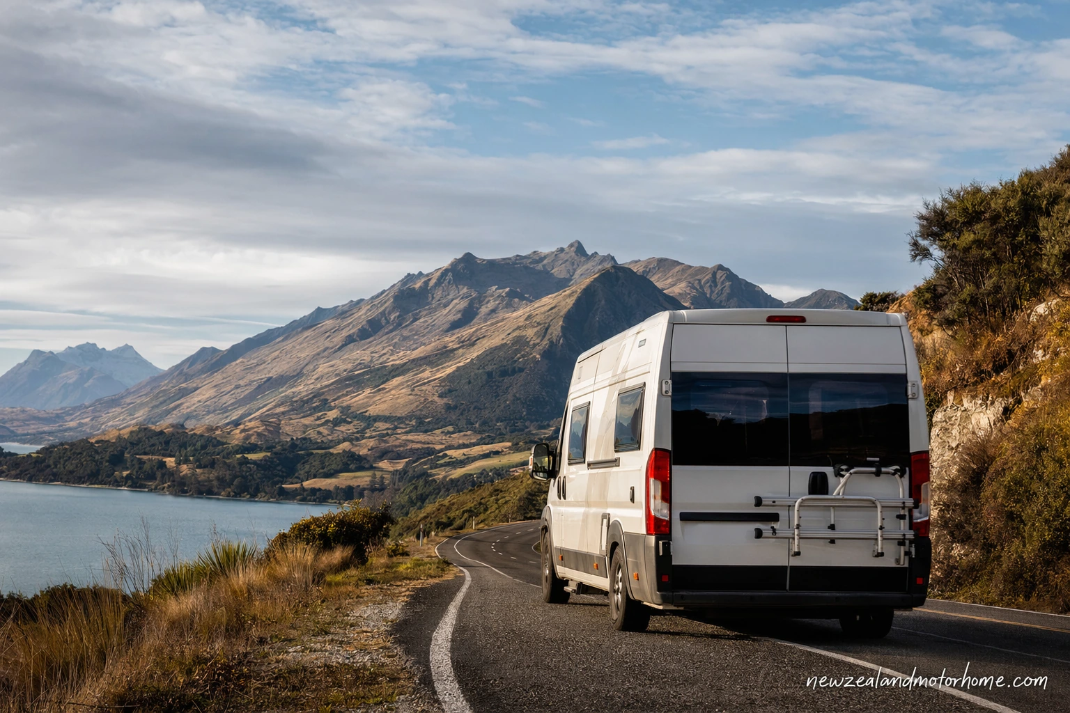 Campervan parked near a Rotorua lake with geothermal hills and native forest in the background