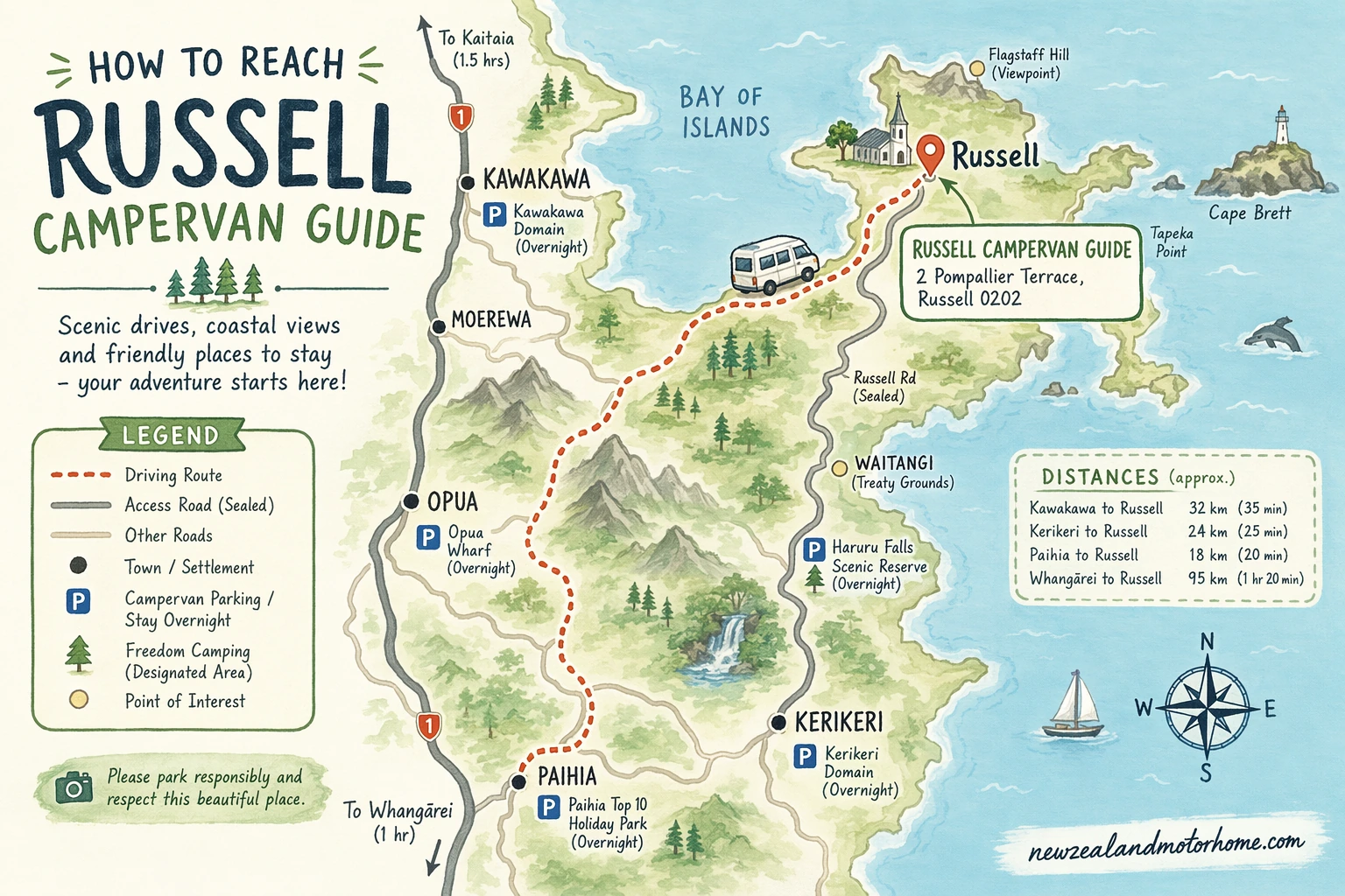 Illustrated campervan map — russell campervan guide