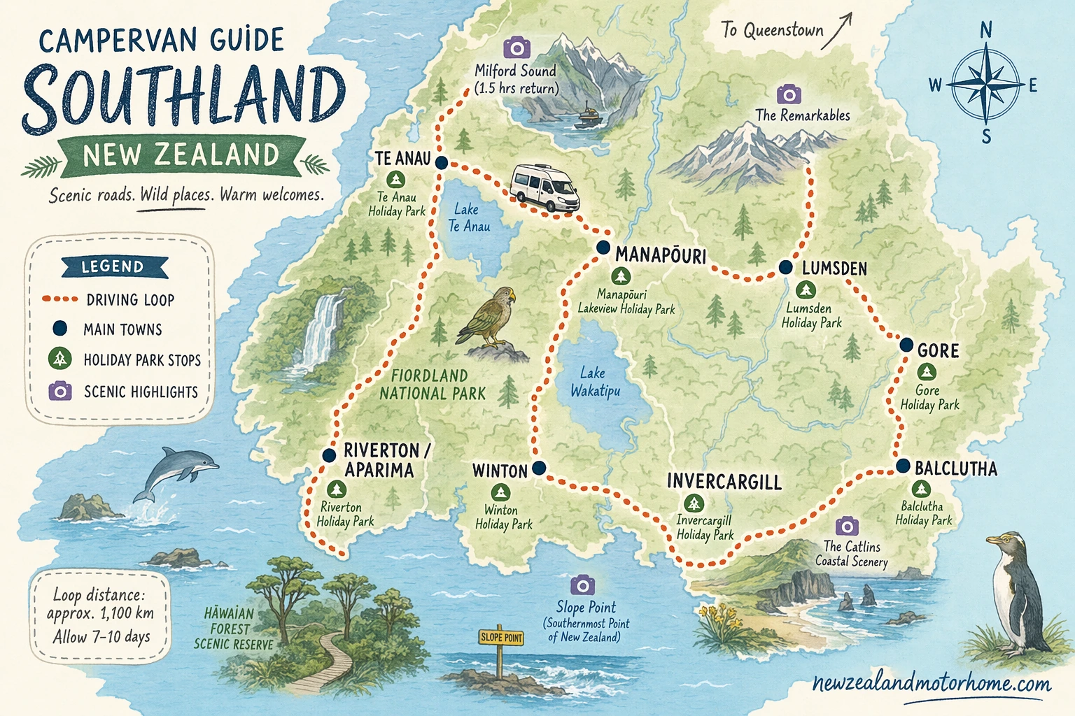 Illustrated campervan map — campervan guide southland nz