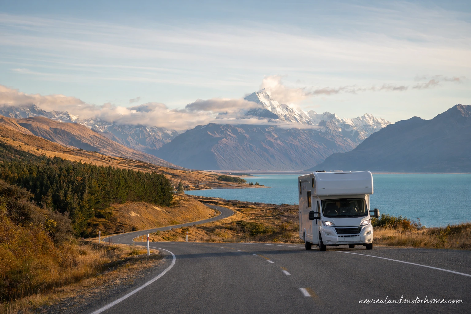 Campervan parked near the Southland coast with open farmland, big sky and the Catlins road ahead