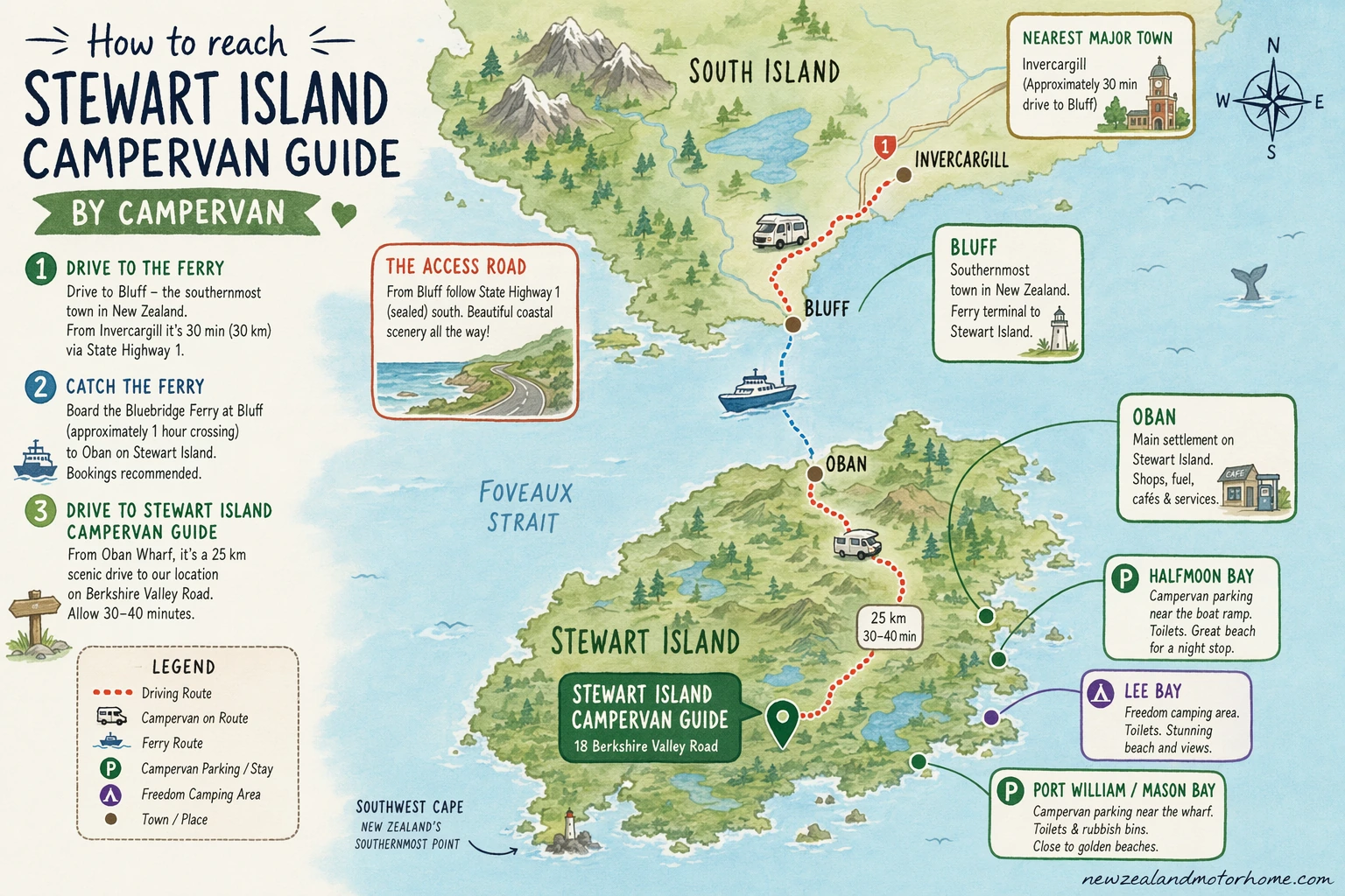 Illustrated campervan map — stewart island campervan guide