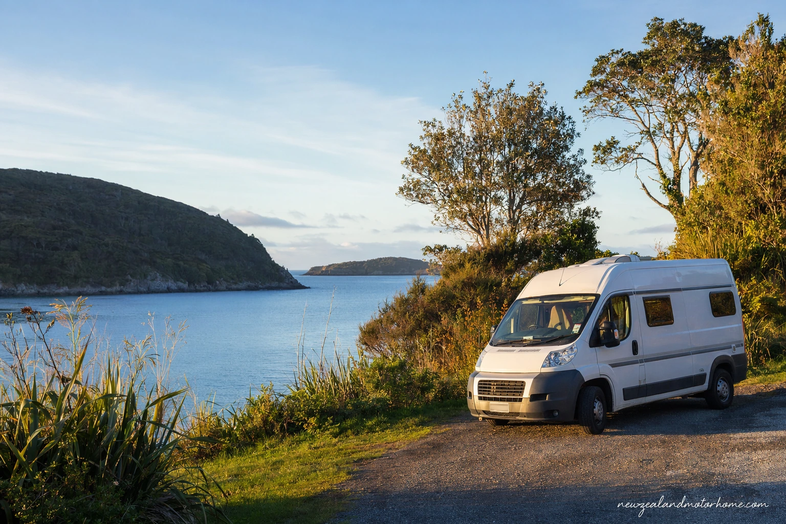 Campervan parked near Bluff harbour before the ferry to Stewart Island
