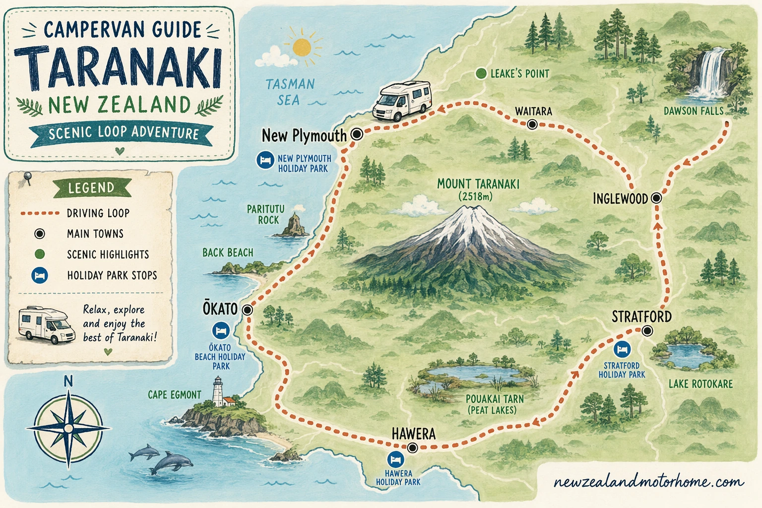 Illustrated campervan map — campervan guide taranaki nz