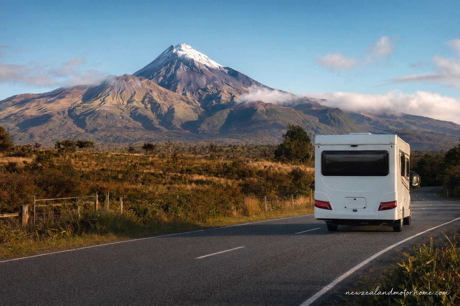 Campervan parked on the Taranaki coast with Taranaki Maunga rising behind
