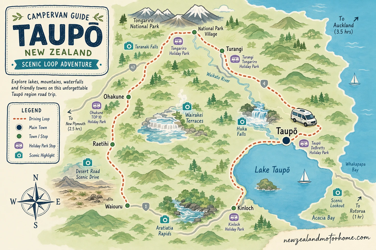 Illustrated campervan map — campervan guide taupo nz