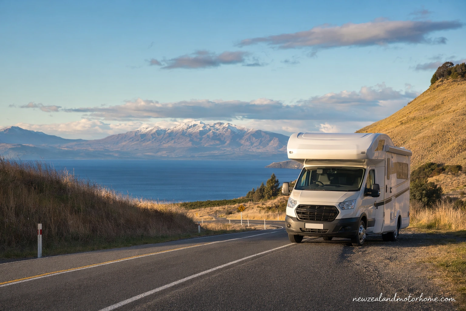 Campervan parked above Lake Taupō with blue water and volcanic hills in the distance