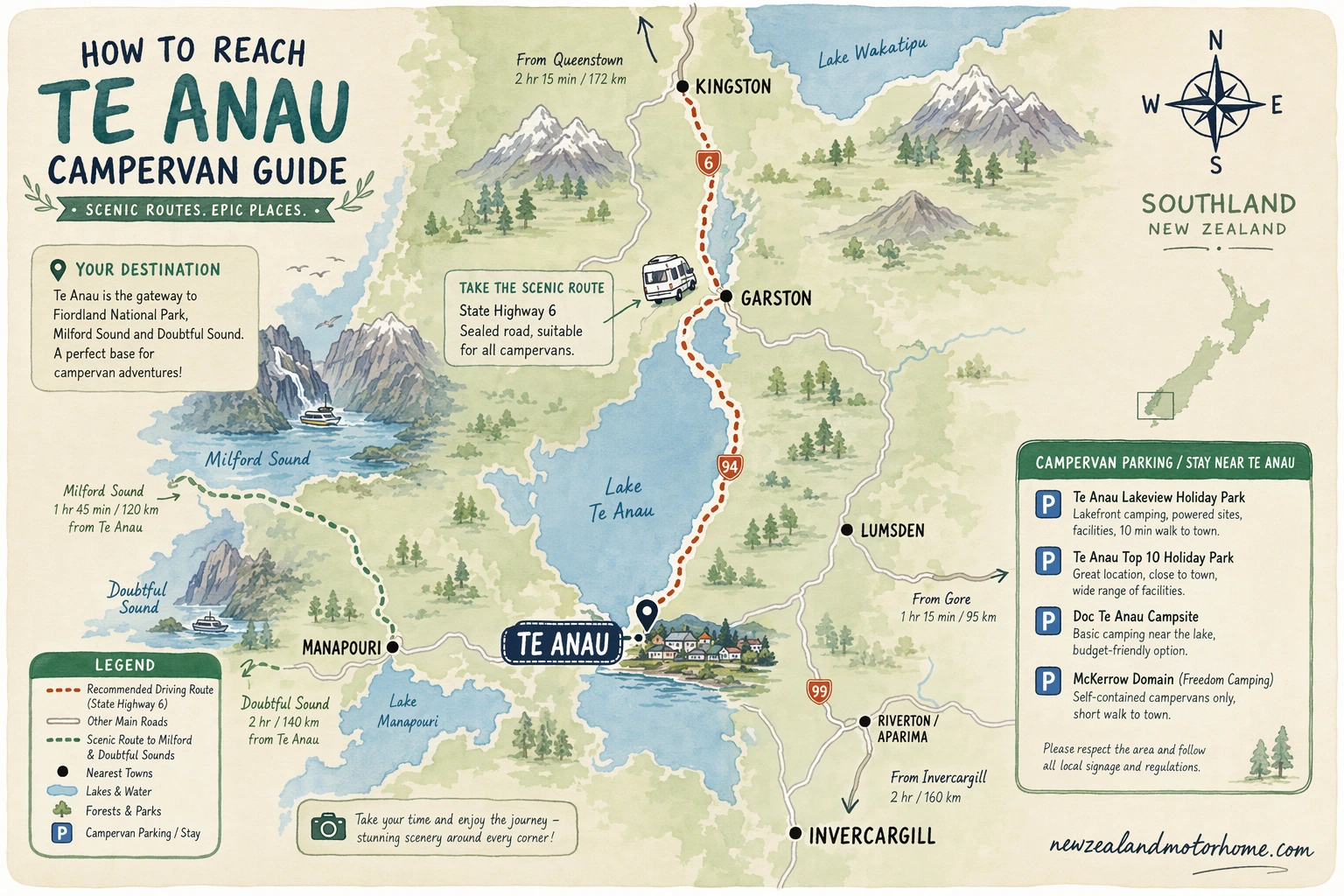 Illustrated campervan map — te anau campervan guide