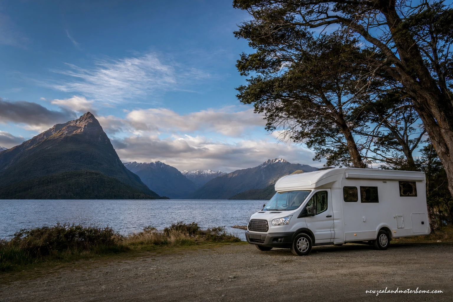Campervan parked near Lake Te Anau with Fiordland mountains in the background