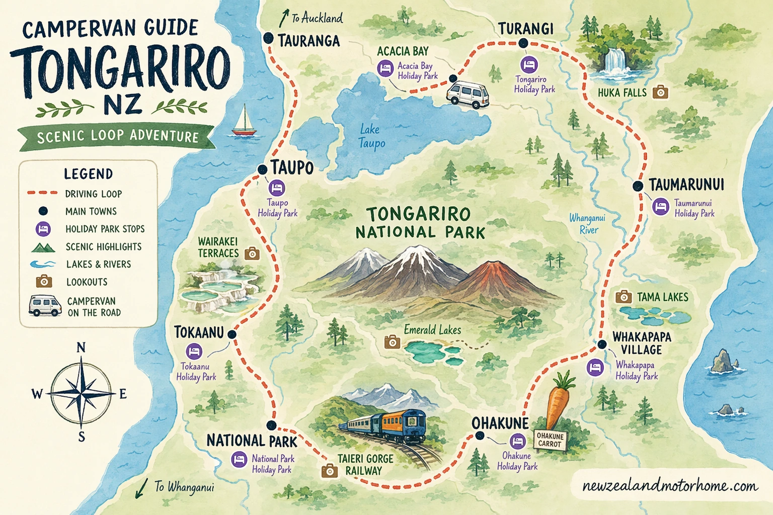 Illustrated campervan map — campervan guide tongariro nz