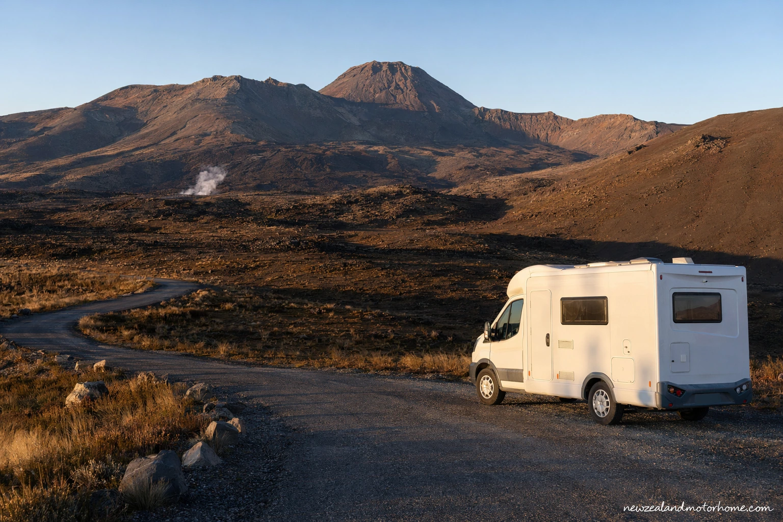 Campervan parked near Tongariro National Park with volcanic peaks beyond before the Tongariro Crossing