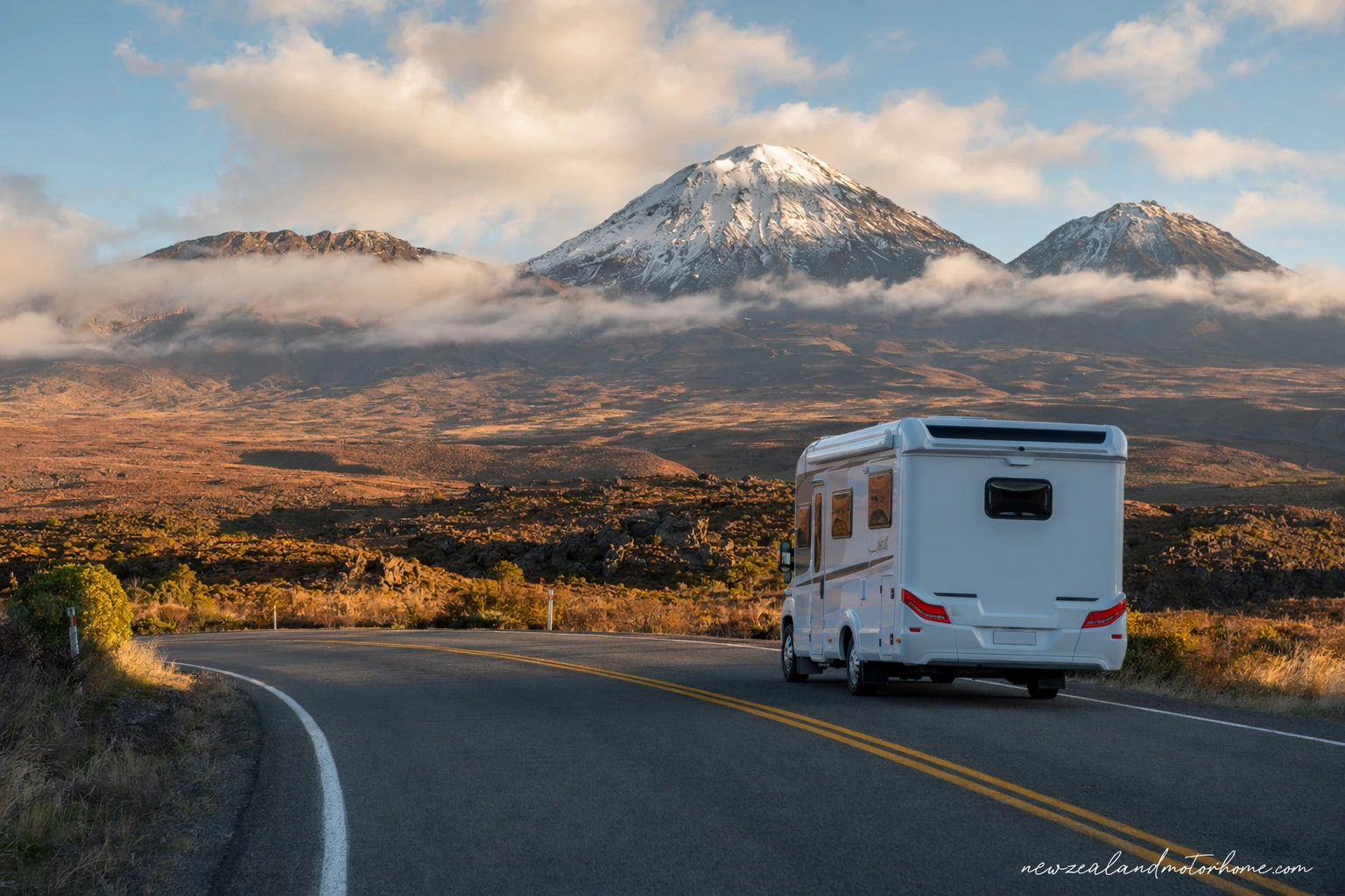 Campervan parked near Tongariro National Park with volcanic peaks and tussock landscape in the background